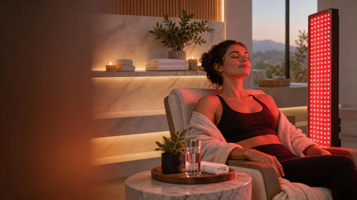 woman enjoy red light therapy session at home